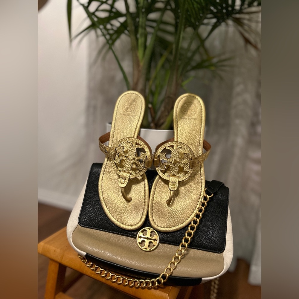 Tory Burch Metallic Gold Tumbled Leather Miller Sandals Millers Flip Flops 10m